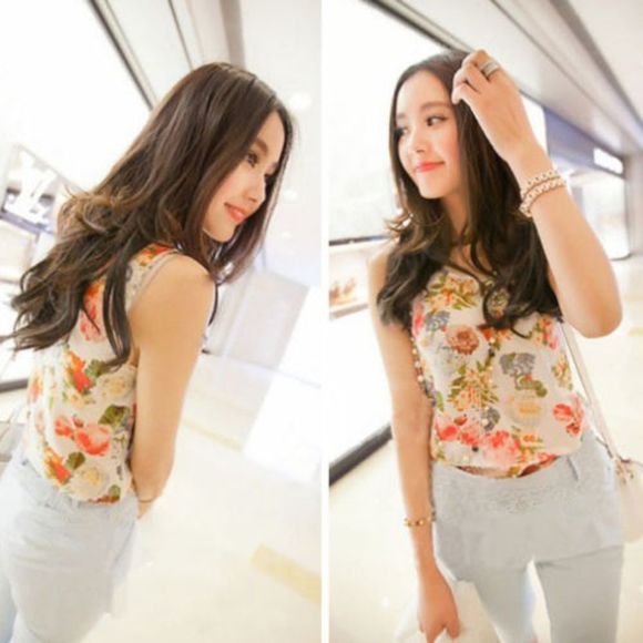 White Beautiful Multi-Color Floral Print Tank Top - Picture 1 of 4